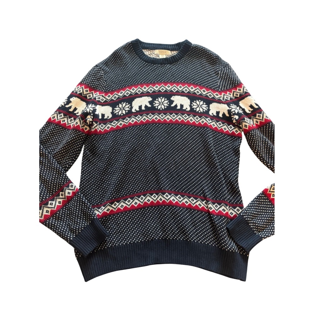 Aspen Mens XL Polar Bear Fair Isle Knit Sweater Navy Blue Crewneck Pullover